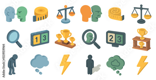 Measurement and assessment isometric icons set – scale, evaluate, analysis tools