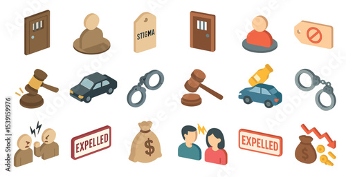 Legal and punishment icons set – isometric, judgment, justice and law symbols