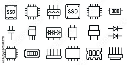 Electronic components line icons set – linear, outline, microchip and circuits