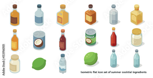 Summer cocktail ingredients icons set – isometric, flat, beverage and drink symbols
