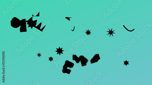Abstract Teal Background with Scattered Black Shapes and Stars