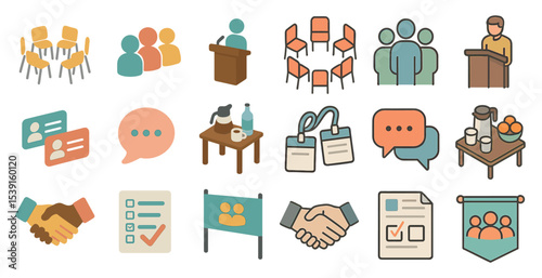 Business meeting flat icons set – professional, teamwork, presentation essentials