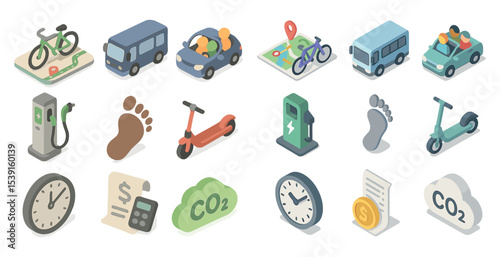 Transportation and environment icons set – isometric, eco-friendly, travel symbols