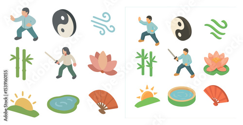 Martial arts and zen icons set – isometric, pixel art, mindfulness symbols