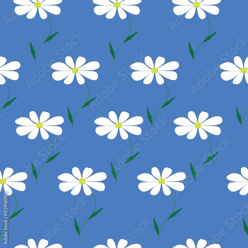 A delicate floral seamless pattern with white chamomile flowers on a calm blue background. Perfect for textile design, wallpapers, eco-friendly packaging, wrapping paper, endpaper,