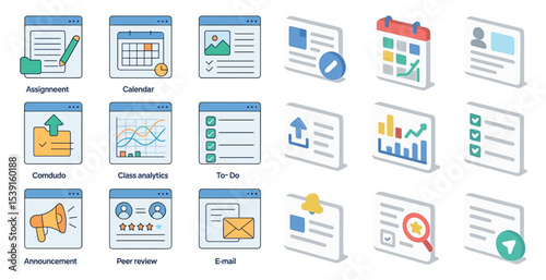 Education and business isometric icons set – flat, pixel art, study and task management symbols