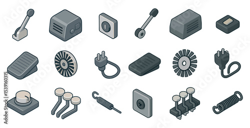 Mechanical parts isometric icons set – 3d, components, engineering visuals