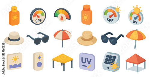 Summer and sun protection icons set – isometric, spf, sunscreen symbols