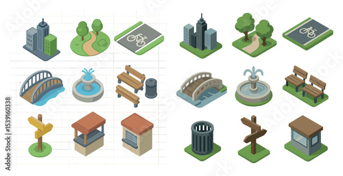 Urban landscape isometric icons set – city planning, architectural design symbols