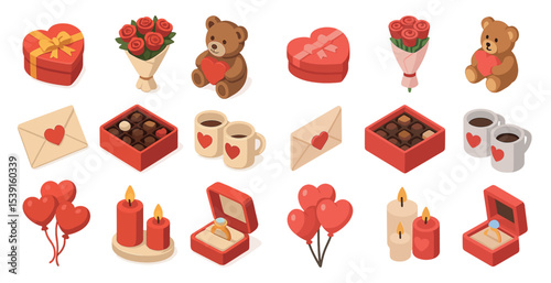 Valentine's day isometric icons set – romantic, holiday, love symbols for couples