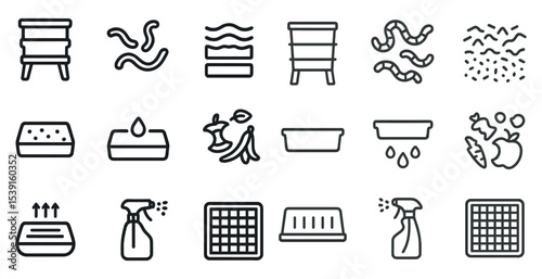 Composting outline icons set – linear, waste, sustainability and recycling visuals