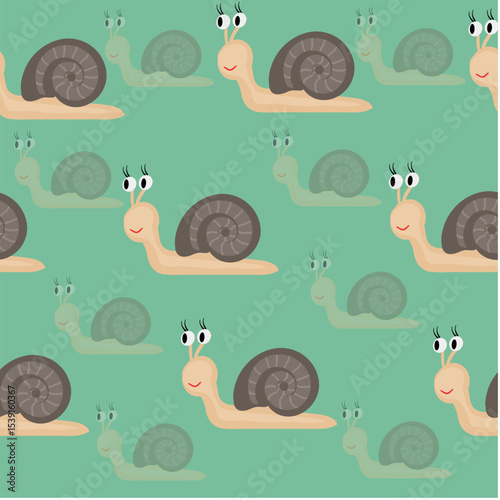 A cheerful seamless pattern featuring cute cartoon snails on a mint green background for children's products, endpaper, fabric, stationery, and playful digital projects. 