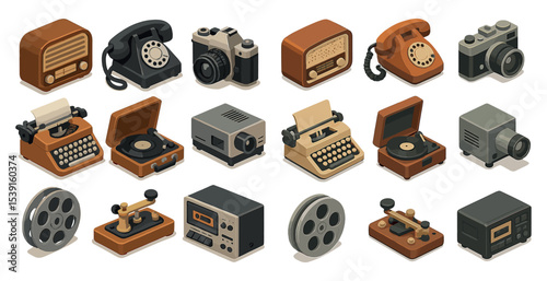 Retro technology isometric icons set – vintage, nostalgic, classic gadget symbols