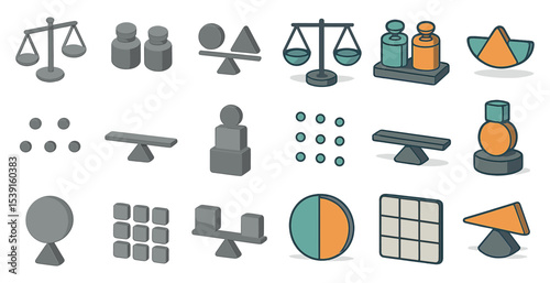 Balance and scale isometric icons set – 3d, weight, justice and equilibrium symbols
