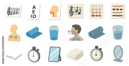 Speech therapy flat icons set – vocal training, pronunciation, rehabilitation tools