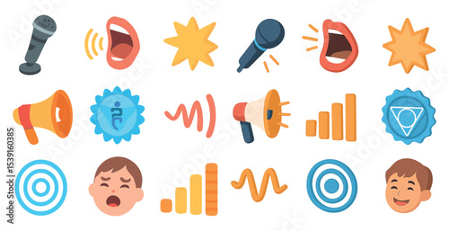 Voice and sound flat icons set – audio, communication, and microphone symbols