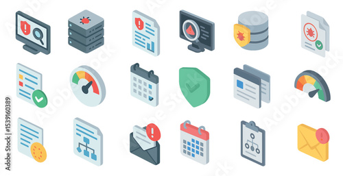 Cybersecurity and protection icons set – isometric, network, data security symbols