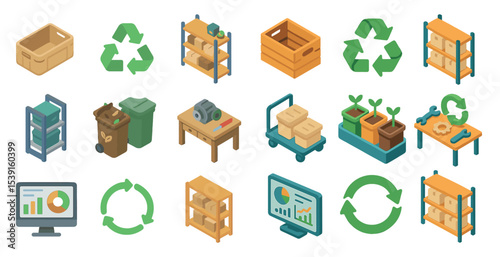 Recycling and sustainability isometric icons set – green, eco, waste management symbols