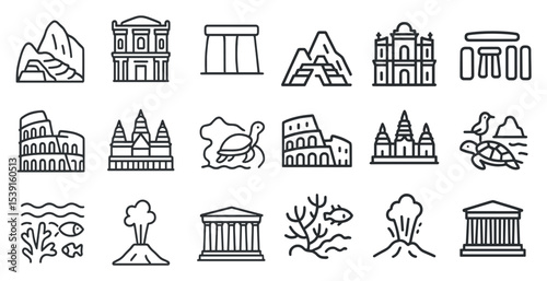 Ancient architecture outline icons set – historic, line style, cultural landmarks symbols