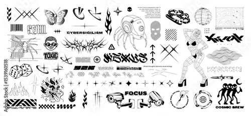 Y2K-inspired, retrofuturistic and brutalism elements in street aesthetics and trendy prints for clothing brand, T-shirts, typography. Streetwear prints, Y2K style with lettering. Vector graphic pack