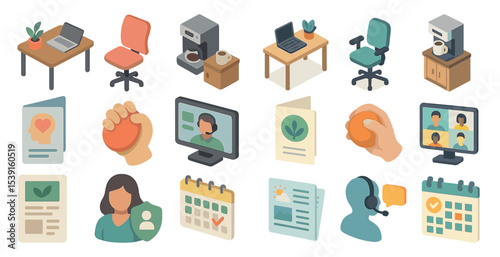 Remote work isometric icons set – 3d, home office, digital communication symbols