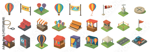 Festival and fair isometric icons set – 3d, marketplace, carnival elements