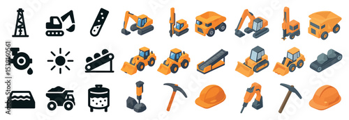 Construction and machinery icons set – isometric, industrial and building tools