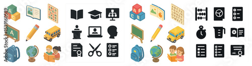Education and learning icons set – flat, solid, study and teaching symbols