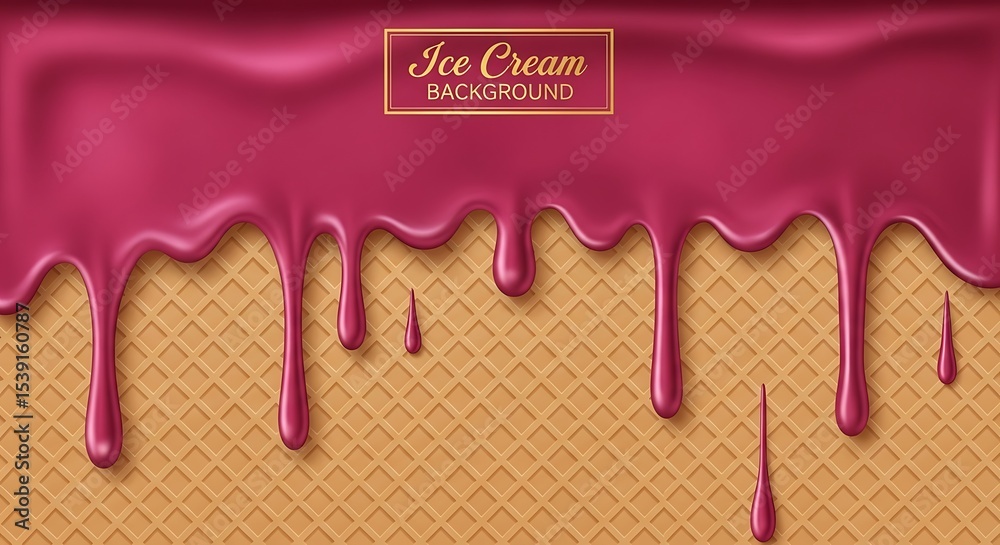 Obraz premium Delicious burgundy ice cream dripping on a waffle cone food background