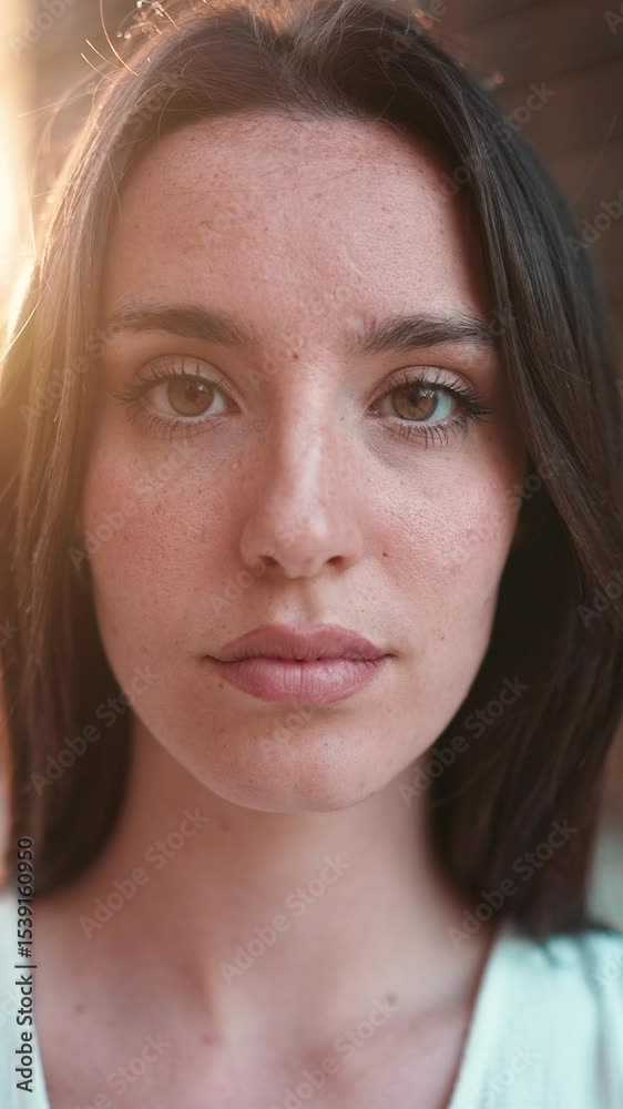 Vertical video, Close-up of young woman with freckles and dark loose hair and long eyelashes wearing white top looking straight at the camera. Beautiful girl on modern city background Vertical video, Close-up of young woman with freckles and dark loose hair and long eyelashes wearing white top looking straight at the camera. Beautiful girl on modern city background