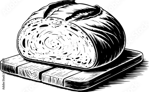 Black and White vintage Sourdough Bread Vector – Rustic Loaf with Cracked Golden Crust and Airy Crumb on Wooden Cutting Board – Artisan Bakery Style Hand Drawn Illustration
