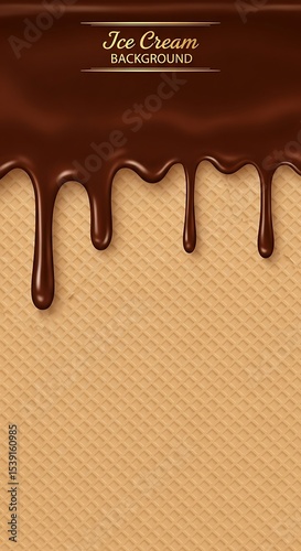 Delicious melted chocolate dripping over a crisp waffle cone texture background.