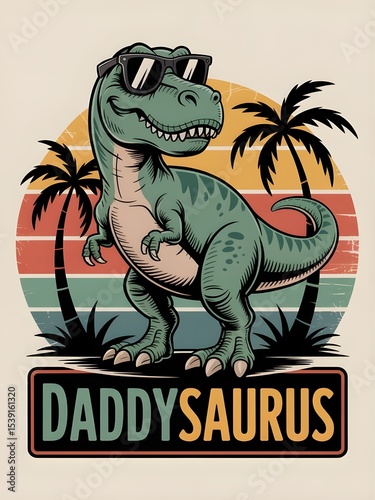 Retro T-Rex Dinosaur Wearing Sunglasses with Daddy Saurus Text and Vintage Sunset Background