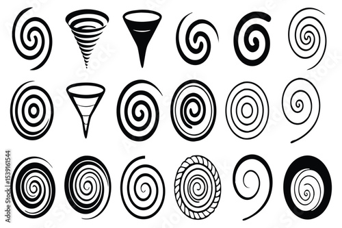 Set of black spiral and swirl icons – abstract vortex, cyclone, hypnosis symbols collection