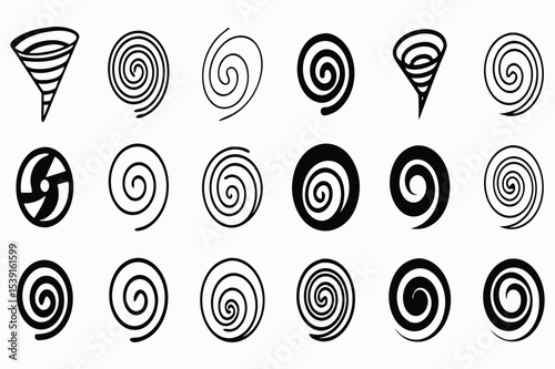 Set of black spiral and swirl icons – abstract vortex, cyclone, hypnosis symbols collection
