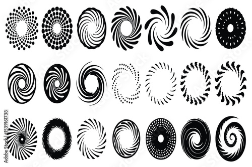 Collection of abstract radial icons – circular burst, sun rays, and geometric spin symbols