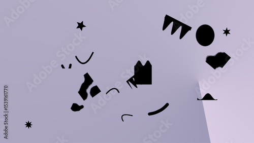 Abstract Lavender Background with Scattered Black Geometric Shapes and Stars