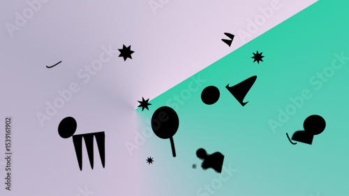 Abstract Geometric Composition Black Shapes on Pastel Gradient Background