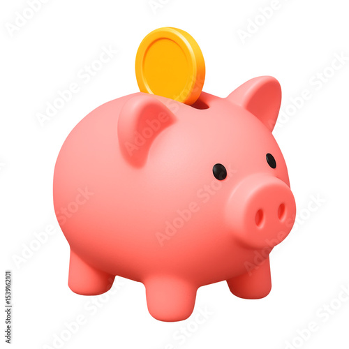 Pink piggy bank with gold coin 3d render isolated on transparent background