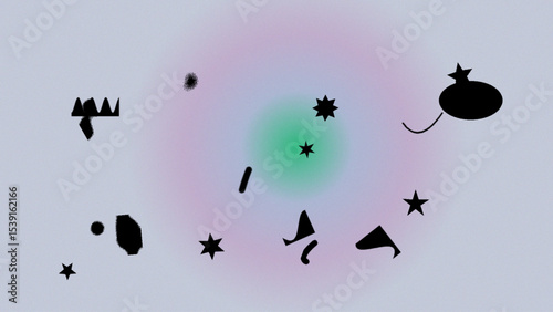 Abstract Pastel Background with Scattered Black Shapes and Stars