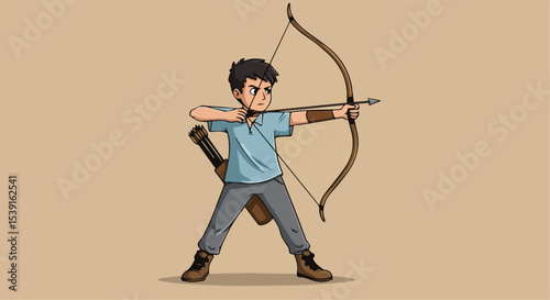 Young boy practicing archery with bow and arrow