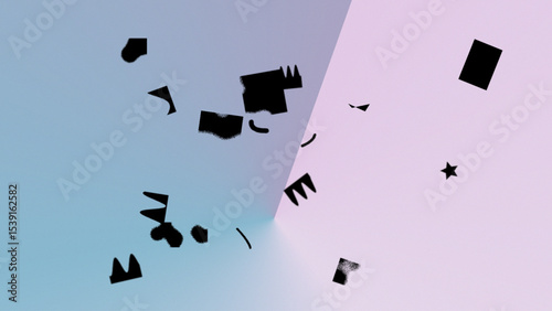 Abstract Pastel Background with Scattered Black Irregular Shapes and Geometric Forms