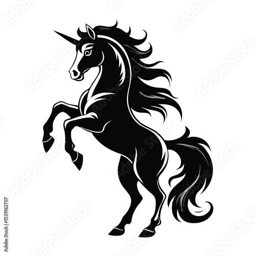 Majestic unicorn silhouette rearing on hind legs with flowing mane, tail, and prominent horn. subtle linework suggesting grace and strength. Perfect for fantasy, magical, and elegant-themed designs.