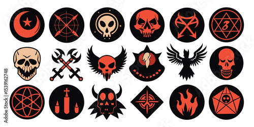 Vector set of unique occult, gothic style symbols. Includes skulls, pentagrams, demonic forms, and edgy icons with optional grunge textures. Perfect for horror, metal, and alternative culture themes.