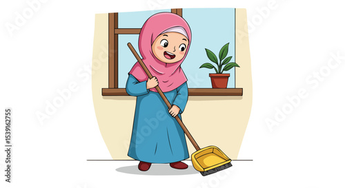 Young Muslim girl sweeping the floor with a dustpan