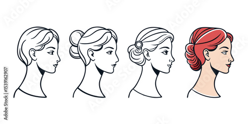 vector collection featuring four elegant ponytail hairstyle outlines on female profile heads. Includes high, low, wavy ponytails and bangs. Ideal for beauty, fashion, salon, or hair care designs.