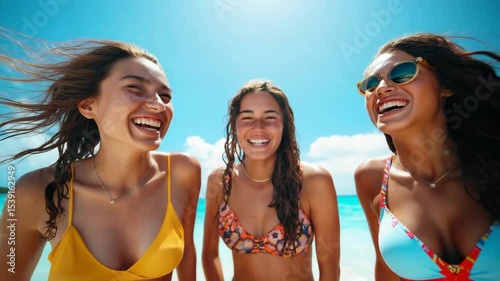 Three Young Women in Swimwear Laughing Together on a Sunny Beach