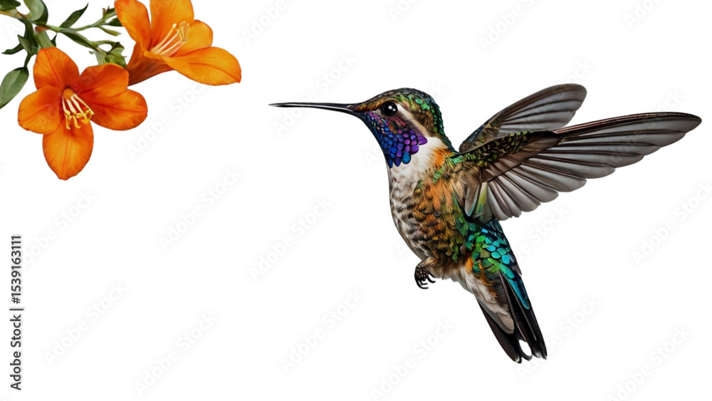 Obraz premium Hummingbird near Flower: A vibrant hummingbird hovers gracefully near a cluster of bright orange flower, poised to sip nectar, showcasing nature's beauty and delicate balance.