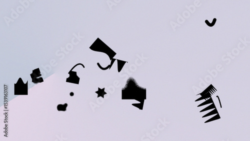 Abstract Black Shapes Scattered on a Pale Lavender Background