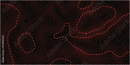 Contour lines. Actual topography map. Dark seamless design, energetic tileable isolines pattern. Vector illustration.